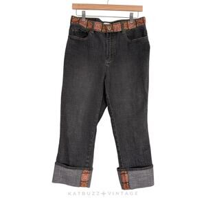 Y2K Cropped Jeans 14 Black Denim Capri Embroidered Boho Floral Ankle Tapestry